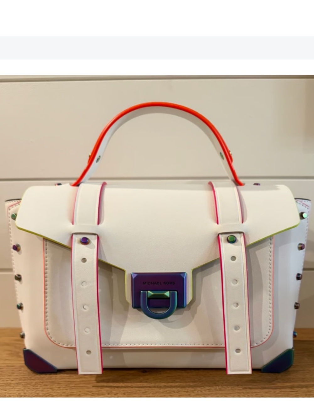 Michael Kors White Satchel with Neon Trim and Iridescent Hardware NEVER USED